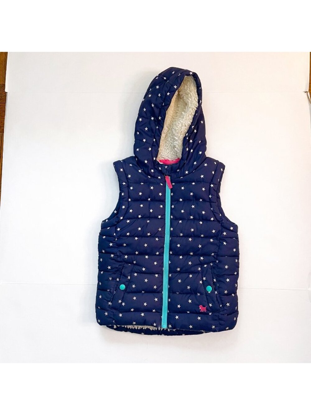 Mini Boden Blue Star Sherpa-Lined Hooded Vest, Size 5/6